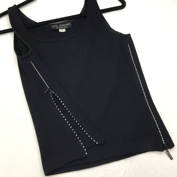 St JOHN Evening Top Black w/ Rhinestone Zippers - Picture 2 of 12